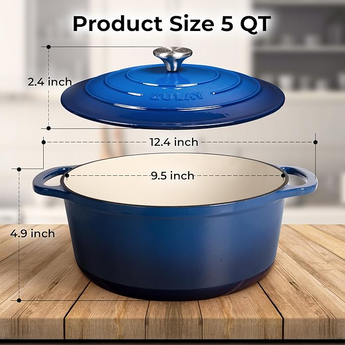 Zulay Kitchen 5 Quart Enameled Cast Iron Dutch Oven Pot with Lid – Premium Durability & Oven Safe up to 500°F – Heavy Duty Cookware Perfect for Bread Baking, Stews, Braising & Roasting – Blue