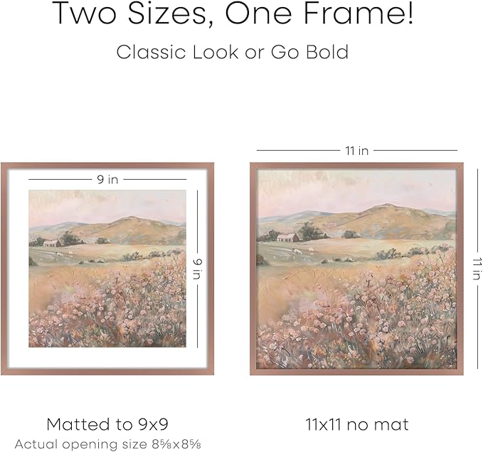 Homeforia 11x11 Picture Frame Mocha, High End Metal 11 by 11 Square Frames with Mat 9 x 9 Opening, 11by11 Poster Frames Matted to 9x9 inch Photo, Wall Hanging Frame, Tempered Glass, Wall Kit, Set of 1