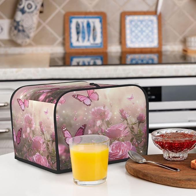 4 Slice Toaster Cover for Kitchen Spring Butterfly Rose Garden Waterproof and Dustproof Toaster Dust Cover with Side Pockets Decorative Universal Cover for Wide Slot Toasters and Small Appliances
