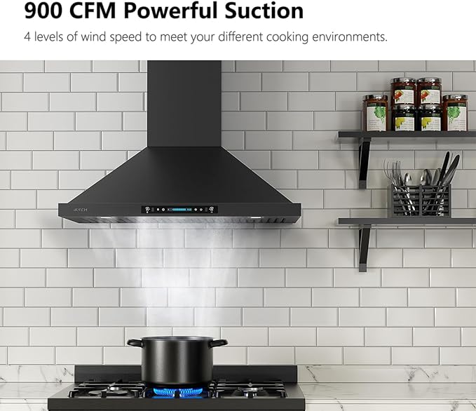 IKTCH 36 inch Black Wall Mount Range Hood, 900 CFM Ducted/Ductless Stainless Steel Vent Hood with Gesture Sensing & Touch Control Switch Panel, 2 Pcs Adjustable Lights