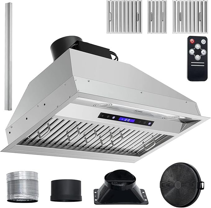VEVOR Insert Range Hood, 900CFM 4-Speed, 30 Inch Stainless Steel Built-in Kitchen Vent with Touch & Remote Control LED Lights Baffle Filters, Ducted/Ductless Convertible, ETL Listed…