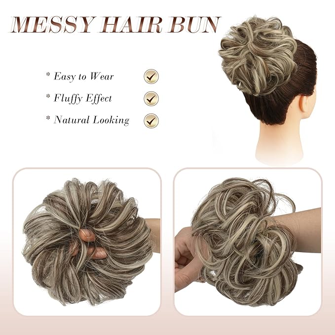 FESHFEN Messy Bun Hair Pieces - Large Wavy Curly Elastic Hair Bun Scrunchies Ponytail Extensions Synthetic Chignon Hairpieces for Women, Golden Brown & Bleach Blonde 1.94oz