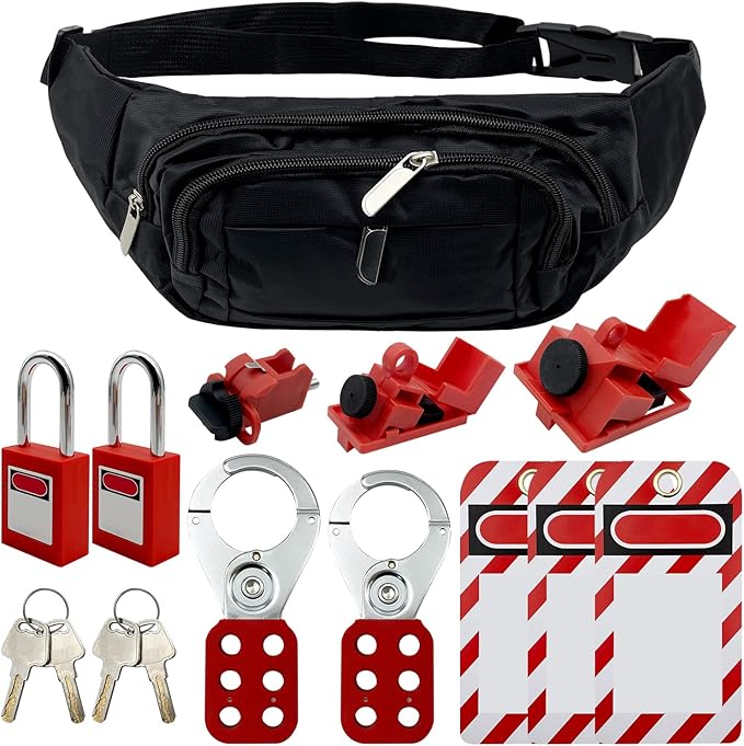 Lockout Tagout Kit - Clamp-On Circuit Breaker, Group Hasps, Tag, Universal Multi-Pole Breaker With Pocket Bag (Black Kit)