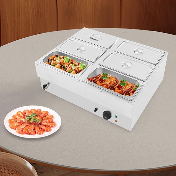 Commercial Food Warmer, 6 Pan Bain Marie Buffet Food Warmer, 42.5Qt Electric Buffet Steam Table, 1500W Stainless Steel Countertop Soup Station with Drain Tap for Catering Party and Restaurant