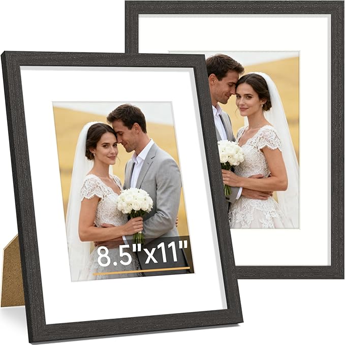 Vittanly 8.5x11 Picture Frame Set of 2, Solid Wood Frame for Wall or Tabletop, Display Photo 6x8 with Mat or 8.5x11 without Mat, Black