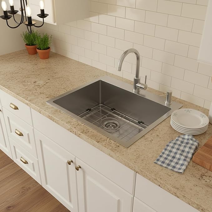 Drop In Kitchen Sink 28x18", 9" Basin Depth, 18 Gauge Stainless Steel Sink, 3D Embossed Surface Finish Top Mount with Accessories