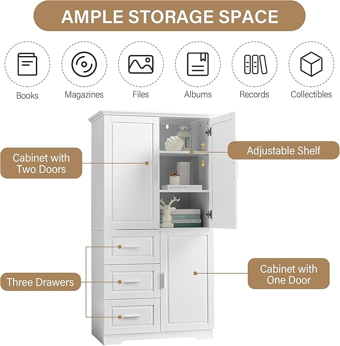62.5" Storage Cabinet with Doors and Drawers, Kitchen Pantry Cupboard Shelf Organizers for Home, Bathroom and Living Room, Solid Wood Legs, Gray