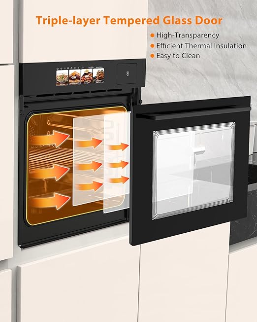 24 Inch Built-in Electric Single Wall Oven, 2.5 Cu.ft Convection Oven with 8 Cooking Functions, 360° Rotating Rotisserie, Advanced TFT Touchscreen