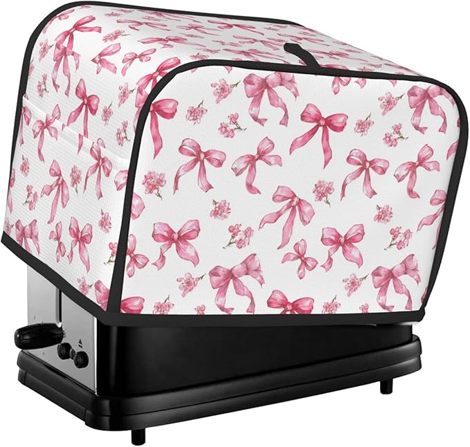 2 Slice Toaster Cover for Kitchen Pink Flower Bow Pattern Waterproof and Dustproof Toaster Dust Cover with Side Pockets Decorative Universal Cover for Wide Slot Toasters and Small Appliances
