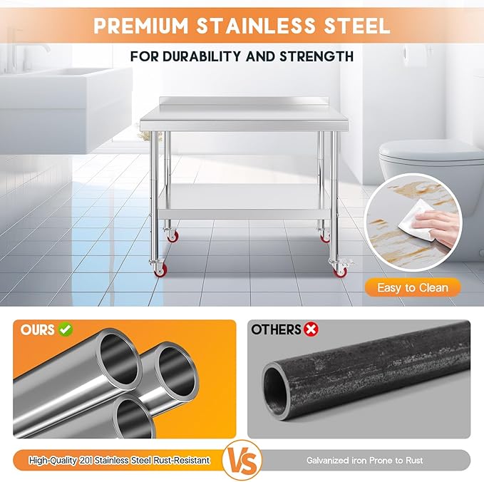 Jocisland 24" x 48" Stainless Steel Table for Prep & Work with Backsplash and Wheels, Adjustable Under Shelf & Safe Design for Restaurant, Home and Outdoor