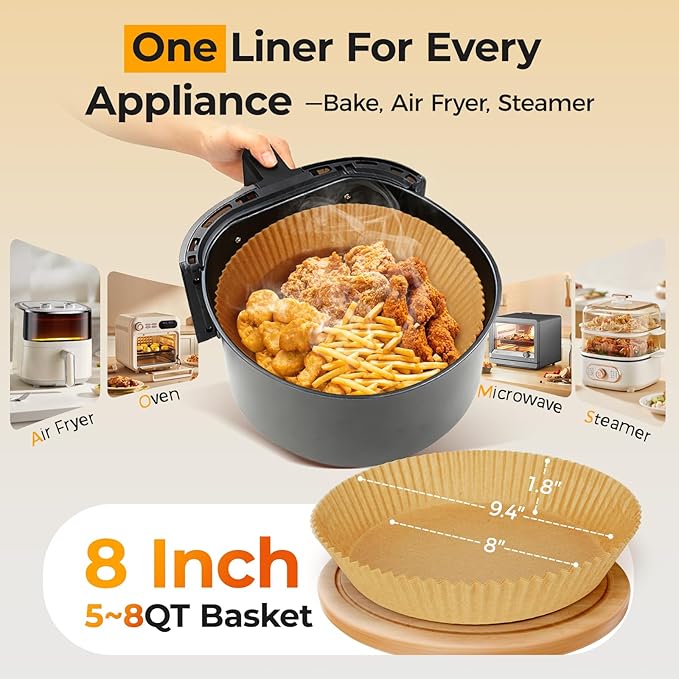 Air Fryer Liners Disposable, 200 PCS Unbleached Round Parchment Paper for Ninja 150/161 Gourmia Chefman Air Fryer, 8’’ Non-Stick & OilProof Baking Paper for 5-8 QT Basket by Vailnd