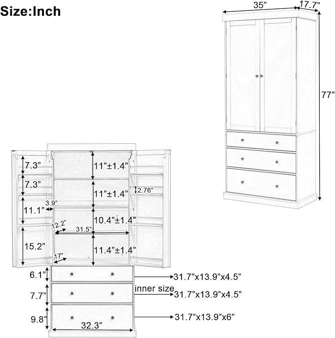 Merax 77" Tall Kitchen Storage Cabinet Pantry Farmhouse Freestanding Large Cupboard with 3 Drawers,Adjustable Shelves,8 Door-Shelf for Dining Room