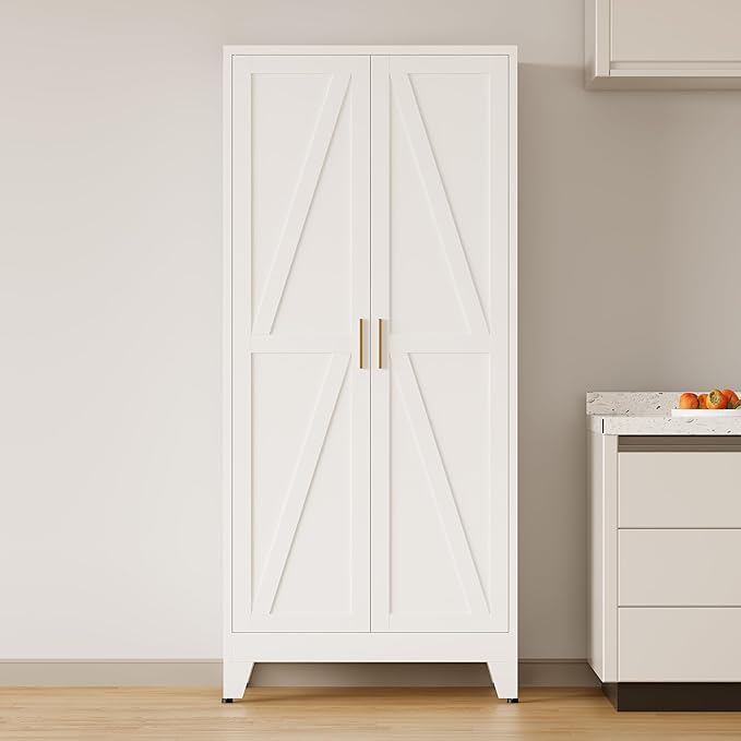 COFaR 71'' Tall Metal Pantry Cabinet, Kitchen Storage Cabinet with Doors and Shelves, Freestanding Farmhouse Food Cupboard for Kitchen Dinning Room Garage, White 5-Tier