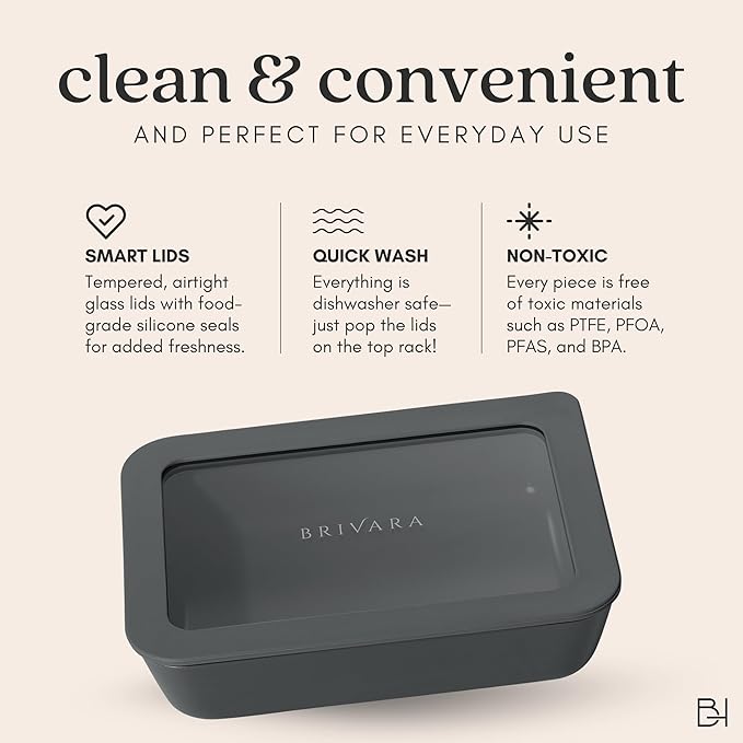 Ceramic Coated Glass Food Storage Container | No PTFE, PFOA, PFAS, and BPA | Reusable Non Toxic Meal Prep Container with Glass Lid | Easy To Store | 3 Cup Rectangle [Onyx]