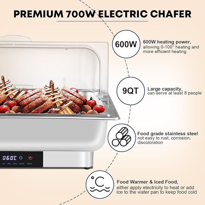 Electric Chafing Dish Buffet Server Set, Stainless Steel Full Size & Half-Size &Three-Section Food Pan with Temp Control, Roll Top Stainless Steel Food Warmers for Catering Buffet (A-02)