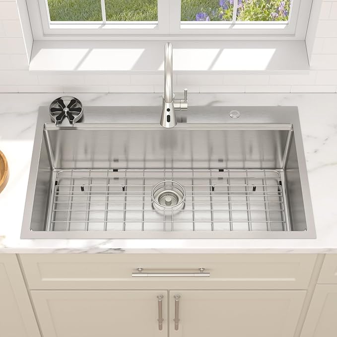 Dcolora 33x22 Workstation Kitchen Sink with Cup Washer, Drop In Luxury Large Single Bowl, 304 Stainless Steel Heavy Duty 16 Gauge, 5 In 1 Valued Accessories #DC-TW258006S