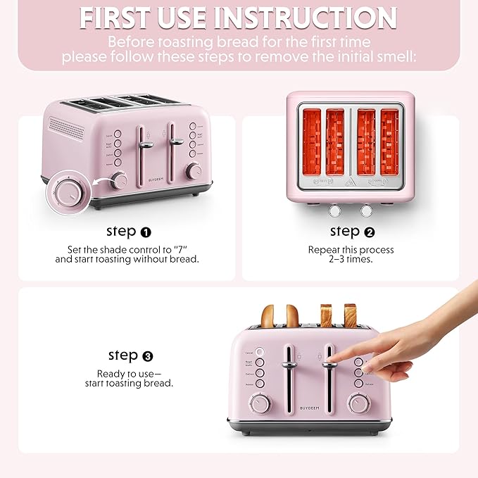 BUYDEEM DT640 4-Slice Toaster, Extra Wide Slots, Retro Stainless Steel with High Lift Lever, Bagel and Muffin Function, Removal Crumb Tray, 7-Shade Settings,Pink