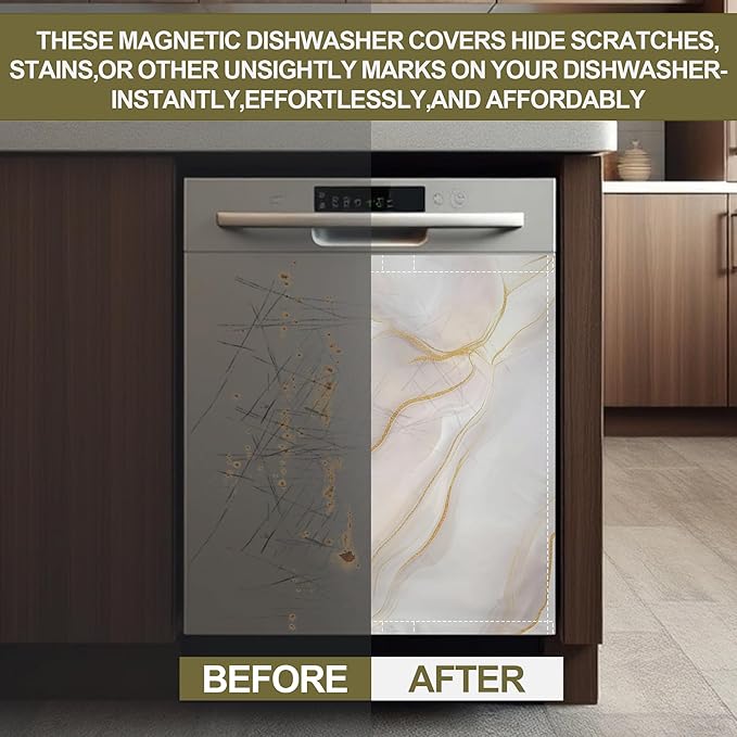 White Marble Magnetic Dishwasher Cover,Gold Lines Dishwasher Covers for The Front Magnetic Dishwasher Panel Decal Cover for Kitchen 23x26inch