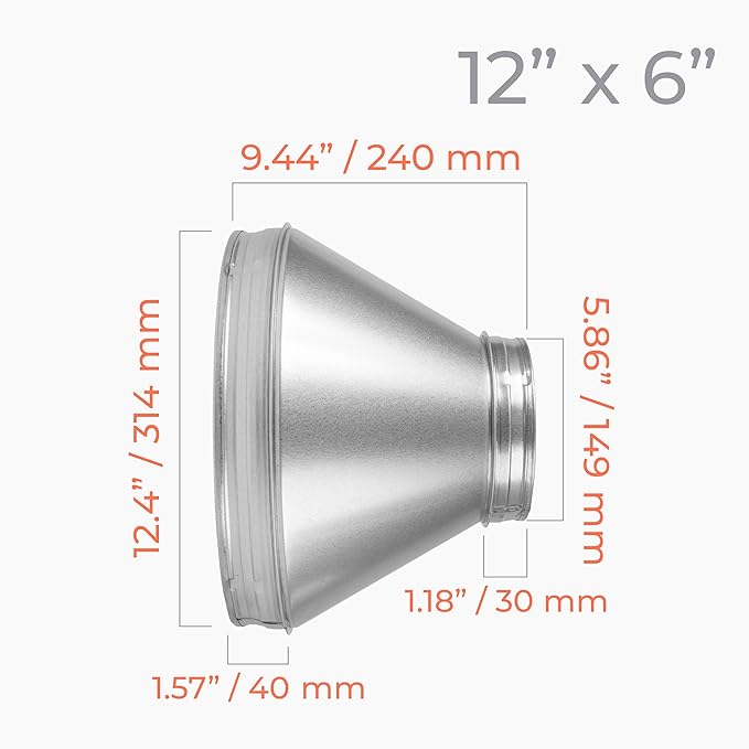 12"" to 6"" Inch Round Duct Reducer - Galvanized Steel Pipe Increaser - Coupling for Round Duct Ventilation Systems - Heating & Cooling, HVAC, Gray
