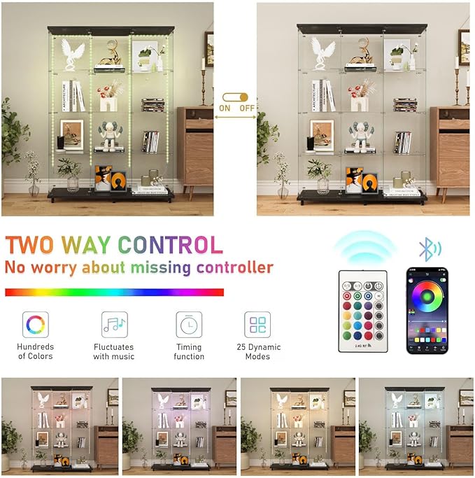 Yoluckea 4 Tiers Glass Display Cabinet Extra Large with Bluetooth LED Light Strip, 2 Doors Floor Standing Curio Cabinet with Universal Wheel for Home, Black Glass Bookshelf for Collections, Wood Top