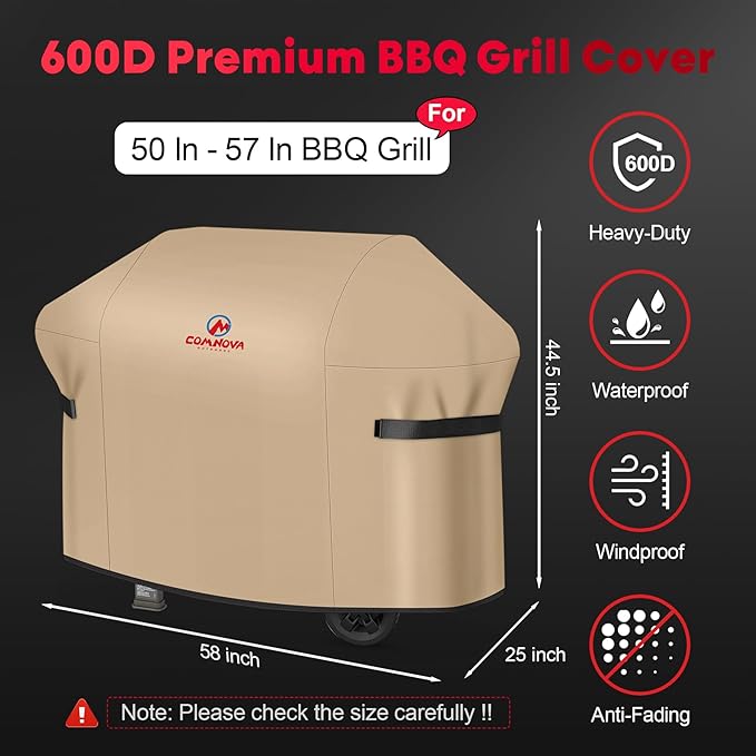 Comnova Grill Cover 58 Inch - 600D BBQ Cover for Outdoor Grill Waterproof and Heavy Duty, 58 Inch Barbecue Gas Grill Covers for Weber, Char-Broil, Nexgrill, Monument, Dyna-glo, Brinkmann and More