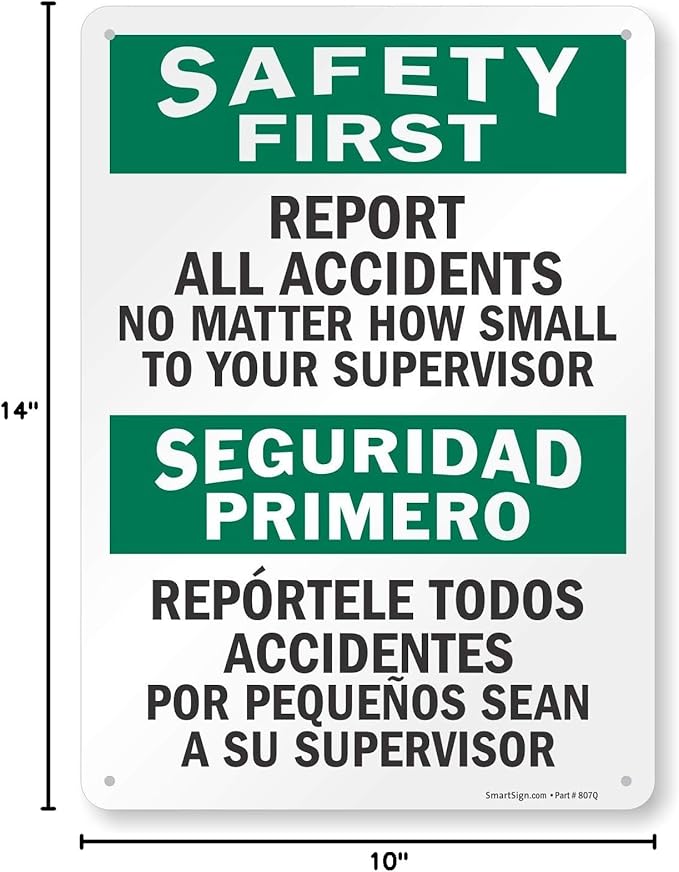 SmartSign - S-5981-PL-14 "Safety First - Report All Accidents To Supervisor" Bilingual Sign | 10" x 14" Plastic