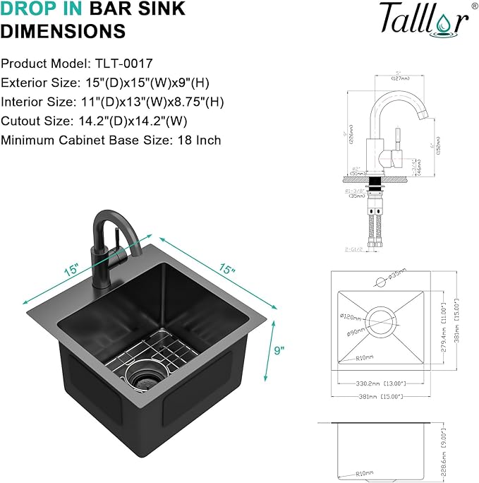 Bar Sink with Faucet - 15x15 Inch Gunmetal Black Bar Sink 16 Gauge Stainless Steel Drop In Rv Kitchen Sinks Top Mount Single Bowl Small Wet Sinks #TLT-0017