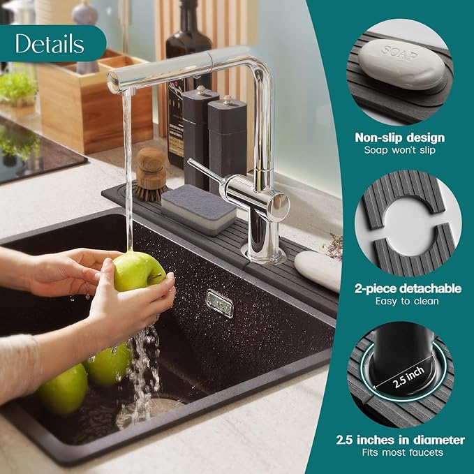 Large Faucet Mat for Kitchen Sink - Stone Drying Mat for Kitchen Counter, Diatomite Fast Drying Stone Sink Tray, Super Absorbent, Stylish Decor and Protector for Bathroom (Dark Grey, 23.6" x 5.5")