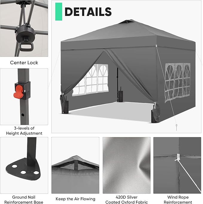 Saemoza 12x12 Pop Up Canopy Tent with One Push Setup, Portable Sun Shade Tent, Instant Easy Up Canopy with 4-Sidewalls & Wheeled Bag, Outdoor Fldable Gazebo with Vent Top, Grey.