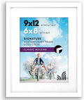 Americanflat 9x12 Picture Frame with Shatter-Resistant Glass - Use as 6x8 Frame with Mat or Display 9x12 Photo Without Mat - Signature Collection - Picture Frames for Tabletop and Wall Display - White