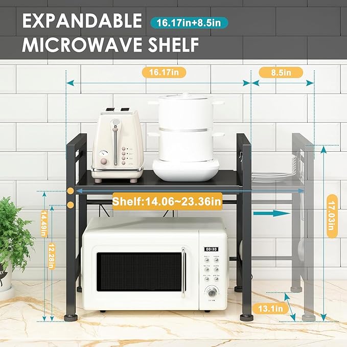 DOLALIKE Microwave Oven Rack, Expandable Microwave Stand Countertop Kitchen Utensils Tableware Storage, Carbon Steel Over Microwave Shelf Countertop with 3 Hooks