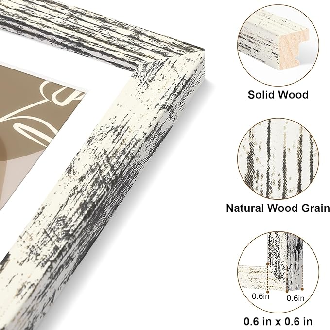 Vittanly 11x14 Picture Frame, Solid Wood Frame with Plexiglass, Includes 8x10 Mat, Wall Hanging for Photos, Home Decor, Distressed White, 1 Pack
