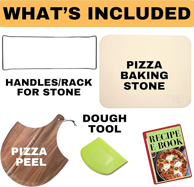 Pizza Stones for Oven and Grill - Pizza Stone with Handles, Wooden Peel and Dough Tool - 15 inch x 12 inch Rectangular Pizza Grill Stone - Baking Stone for Bread - Pizza Making Set
