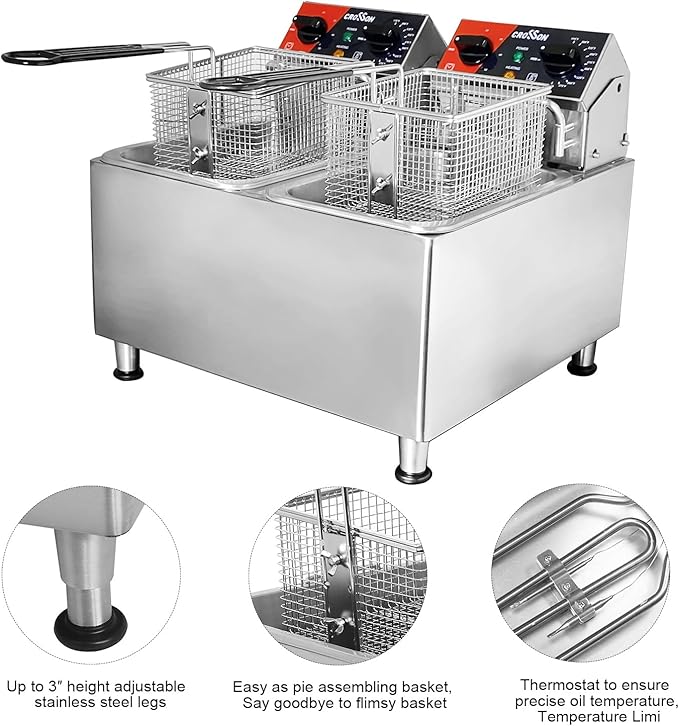 CROSSON 20Lbs Dual Tank Electric Deep Fryer with Rotary fryer head,30 Minitues Timer,Removable 304 SS Oil Tank with Handle,9L Countertop Deep Fryer for Home Use