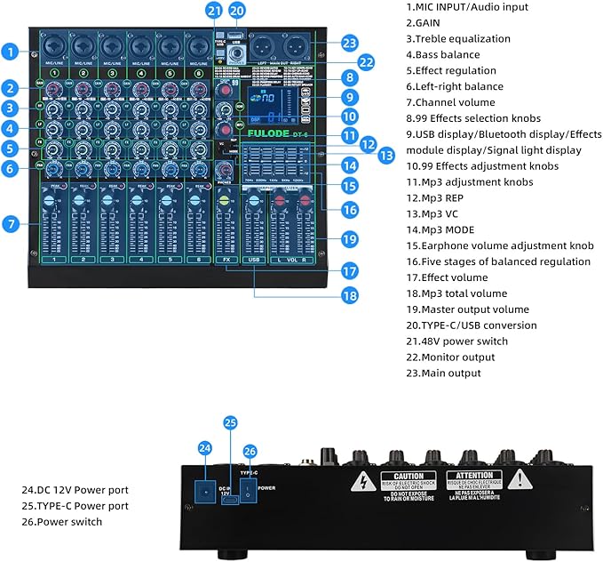 Professional DJ Audio Mixer,6 Channel Sound Mixing music Board With 99 DSP Effects,Console System PA Mixer with Bluetooth,w/USB,48V Phantom Power,Vocal Removal for Live Streaming Studio(DT-6)
