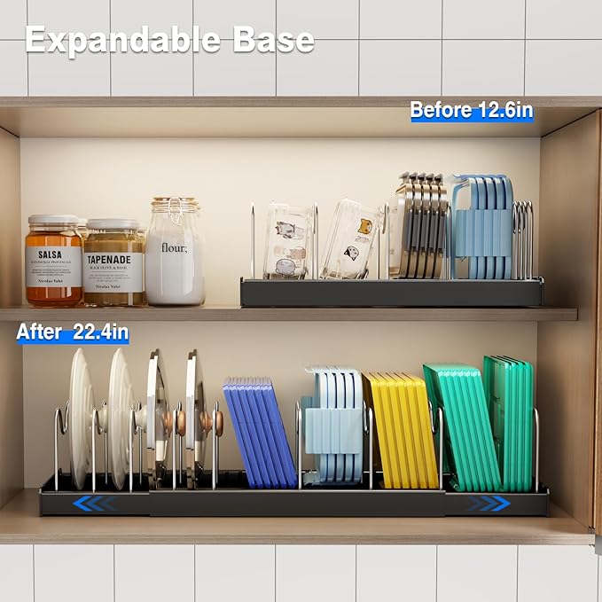 2 Pack Pots and Pans Organizer Under Cabinet, 22" Expandable Food Storage Container Lid Organizers with 9 Adjustable Dividers Pot and Pan Lid Holders Rack Inside Cabinet/Countertop(Black)