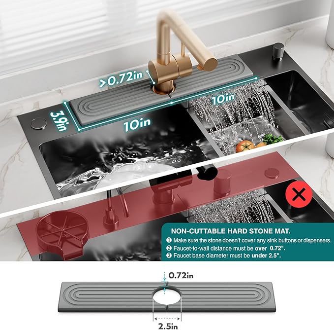 Faucet Mat for Kitchen Sink - Diatomaceous Earth Faucet Splash Guard, Fast Drying Sink Protector - Water Absorbing Stone for Bathroom Sink (Grey, 20'' x 3.9'')