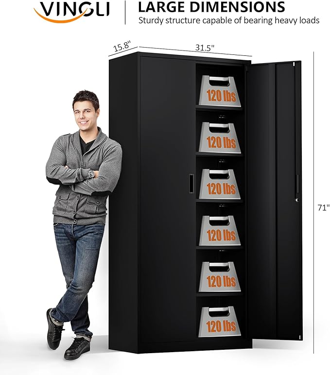 VINGLI Metal Garage Storage Cabinet with 2 Doors and 5 Adjustable Shelves, 71" Tall Steel Lockable File Cabinet, Locking Tool Cabinets for Home Office Garage Gym School (Black)