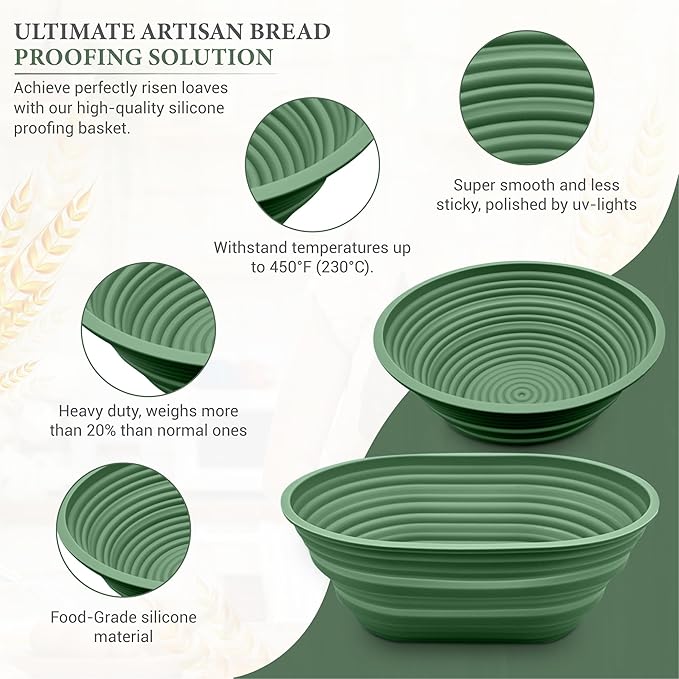 Premium Silicone Sourdough Banneton Bread Proofing Basket - Includes Oval & Round Foldable proofing Bowls (9.5 Inch) - Oven & Dishwasher Safe, Gifts for Artisan Bakers - Sage Green