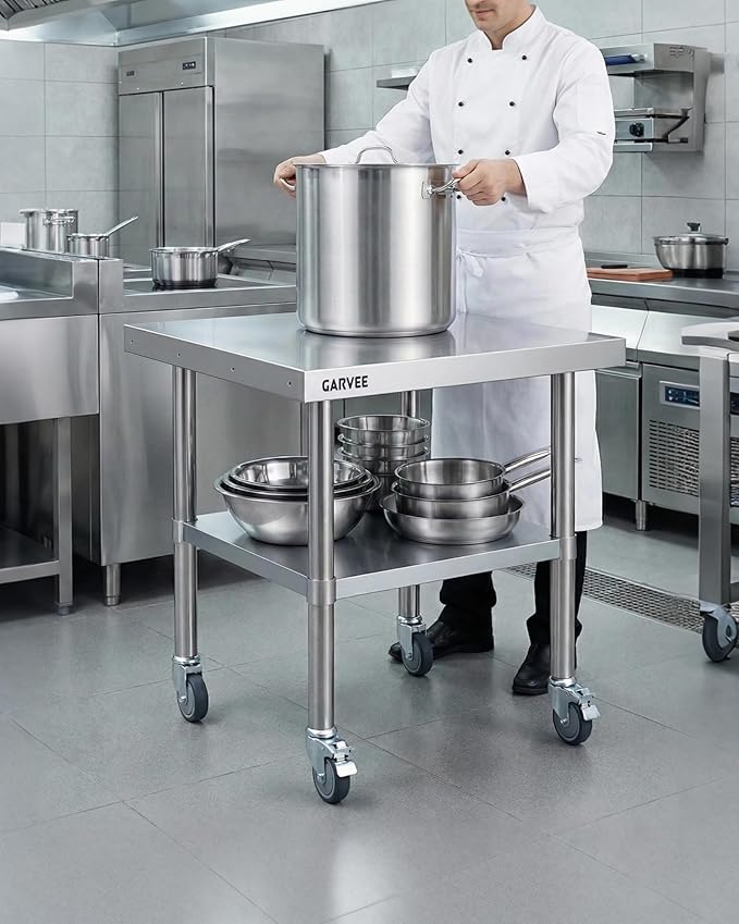 Garvee Stainless Steel Work Table, 24x24x26 Inch Commercial Food Prep Worktable with Wheels, Detachable 3-Sided Backsplash & Height-Adjustable Shelf, Heavy Duty Workbench for Kitchen Restaurant Garage