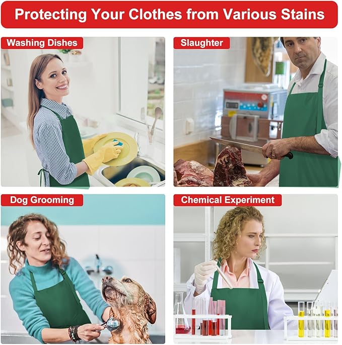 3-Layer Waterproof Apron - Pocket-Free Hygienic Design for Dishwashing & Dog Grooming - Lightweight Durable Protection for messy Kitchen Cooking, Baking, for Men & Women (3 Pack,Green)