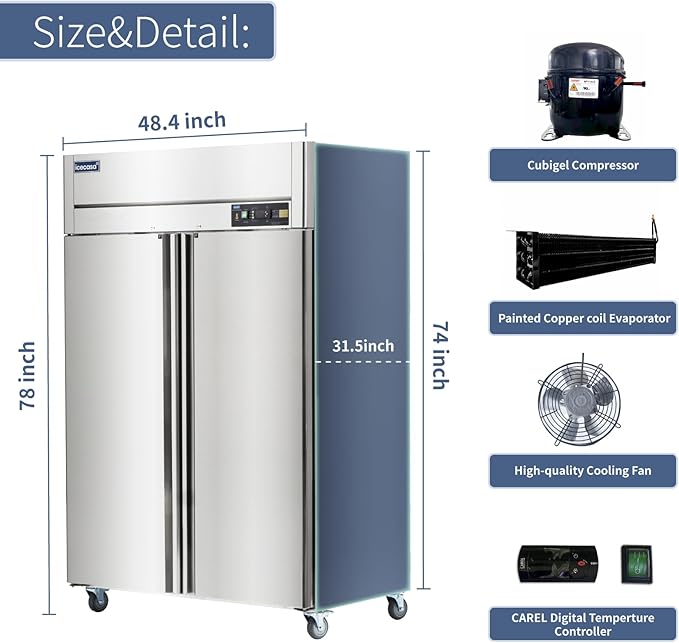 ICECASA 48" W Commercial Freezer Reach-in 36 Cu.ft 2 Solid Door Stainless Steel Commercial Freezer Fan Cooling for Restuarant, Bar, Shop, etc