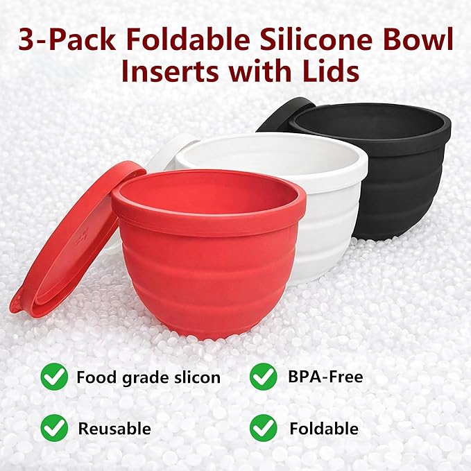 3Pcs Foldable Silicone Bowl Liners for KitchenAid Tilt-Head 5QT Mixer,Mixing Bowls Insert with Lids，Dishwasher-Safe Food-Grade for Stand Mixer Accessories and Attachments(Red,White and Black)