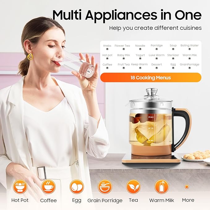Electric Kettle, 1.8L/0.4Gal Health Pot Electric Tea Kettle with Glass Kettles and Steamed Eggs Holder Smart Fruit Hot Tea Maker with Teas Infuser 18 Cooking Menus Glass Touch Panel