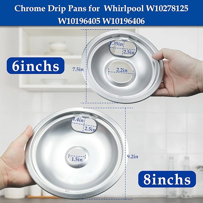 4 Pack (2) 6" & (2) 8" Electric Stove Burner Covers, Replacement Chrome Drip Pans for Whirlpool W10278125 W10196405 W10196406