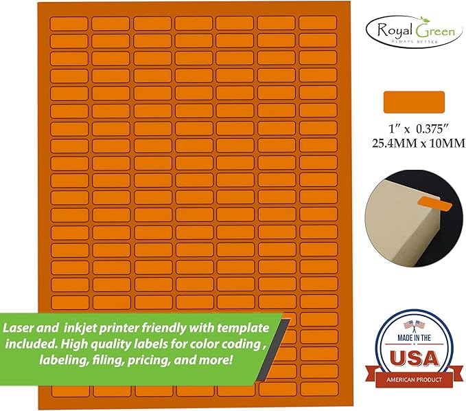 Labels Printable Sticker Paper Sheets for Printers in Neon Orange - 1078 Pack, Small Printing Labels 1 inch x 0.375 inch for Laser Printers with Template Included, 7 Full Sheets