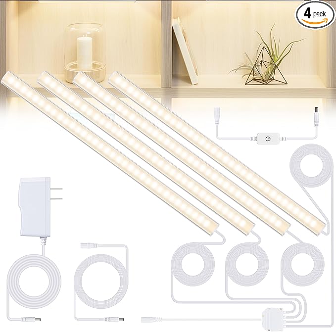 Natural White 4 Pack Dimmable Shelf Lighting with Memory Function, 12 inch 4000K Bookshelf Lighting, LED Lights for Display Case/Pantry/Closet/Safe