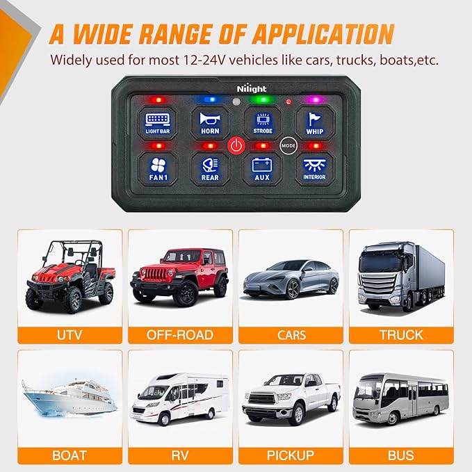 Nilight 8 Gang Switch Panel Blue Circuit Control Relay System with Fuse Wiring Harness Toggle Momentary Strobe Flash Modes Automatic Dimmable ON Off Pod 12V 24V for Car Truck Camper SUV