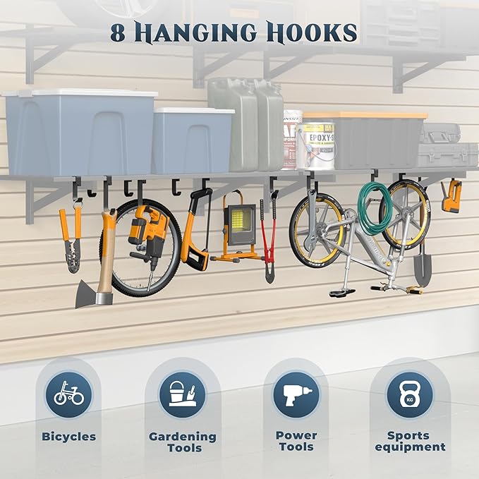 2-Pack 1.5x4ft Garage Shelving Wall Mounted, 1.5' x 4' Heavy Duty Garage Storage Shelves with Hooks, 500LB Capacity