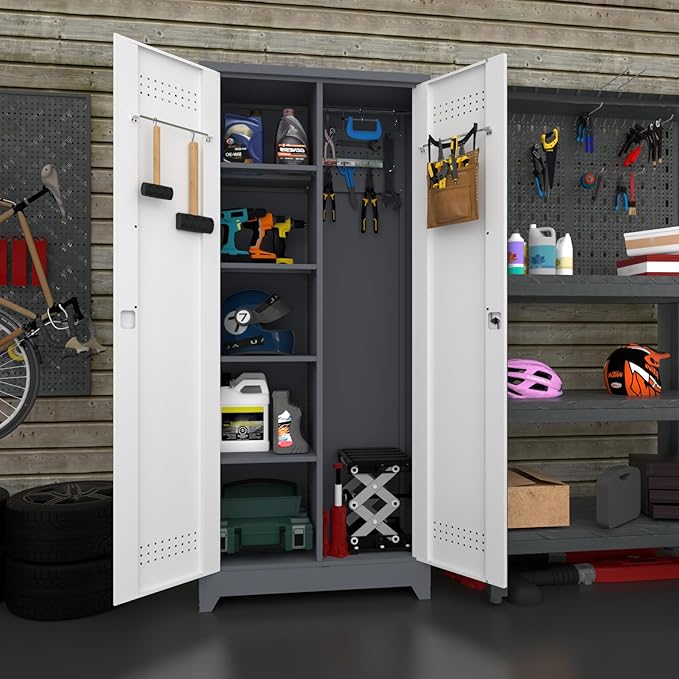 Metal Storage Cabinet,Broom Closet Storage Cabinet with Adjustable Shelves,Tall Utility Cabinet with Pegboard,Locking Storage Cabinets for Garage,Laundry,Basement,Grey-White
